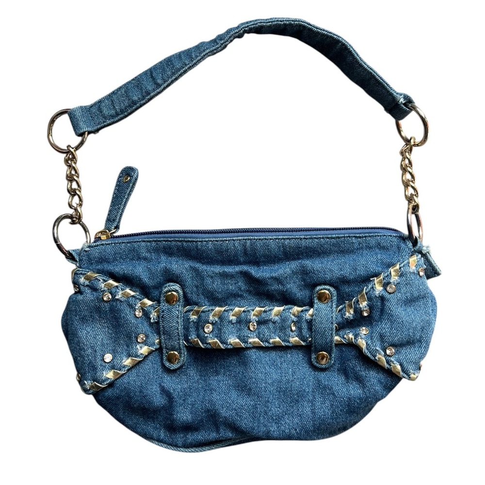 Bijou Y2K Denim Blue Purse Handbag Mini Shoulder Bag Distressed Belt Bling Jeans